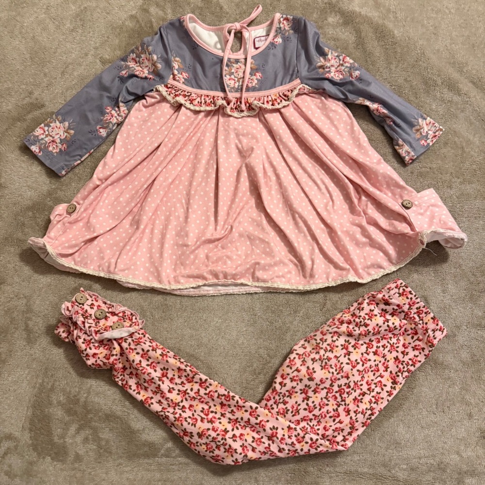 Cheeky Plum Girls 4T Floral Polka Dot Tunic and Ruffle Legging Set Pink Gray